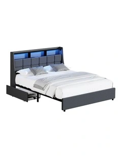 Oikiture Bed Frame Double Size with Storage Drawers & Charging Station LED Light Headboard