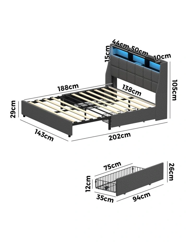 Oikiture Bed Frame Double Size with Storage Drawers & Charging Station LED Light Headboard image 3