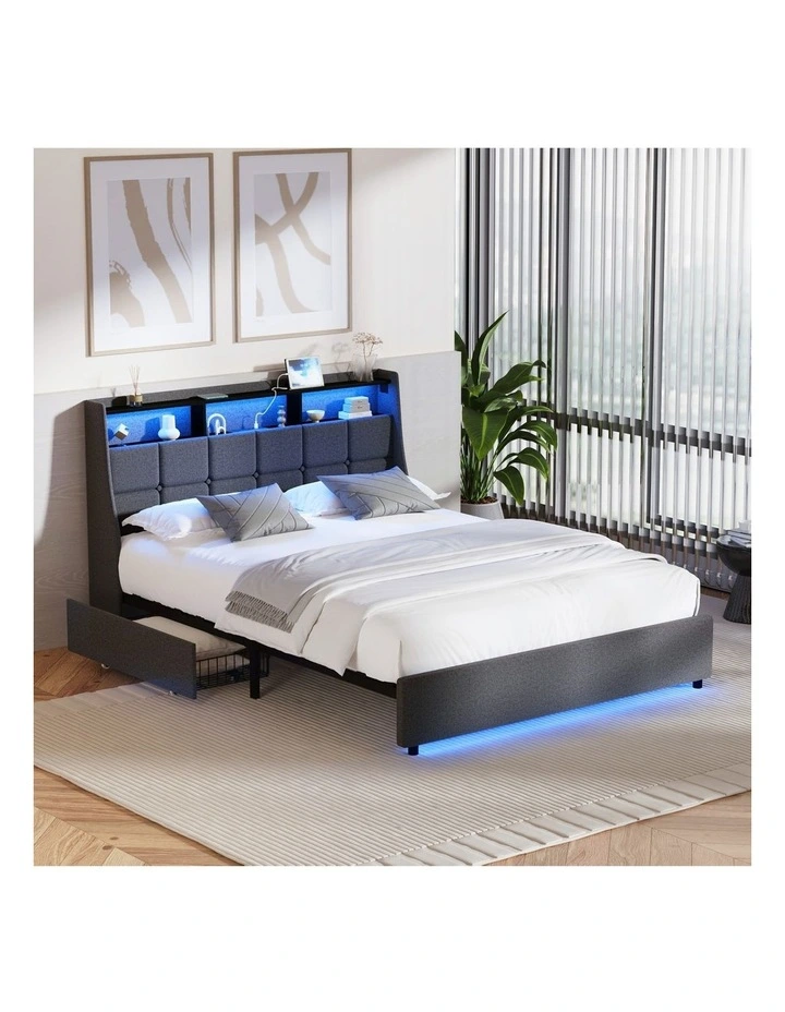 Oikiture Bed Frame Double Size with Storage Drawers & Charging Station LED Light Headboard image 4