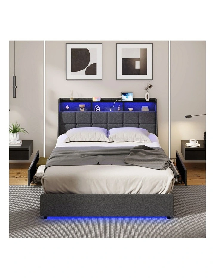 Oikiture Bed Frame Double Size with Storage Drawers & Charging Station LED Light Headboard image 5