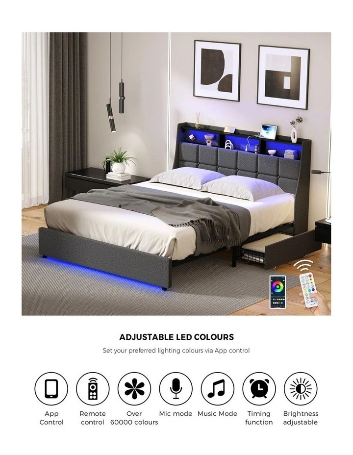 Oikiture Bed Frame Double Size with Storage Drawers & Charging Station LED Light Headboard image 6