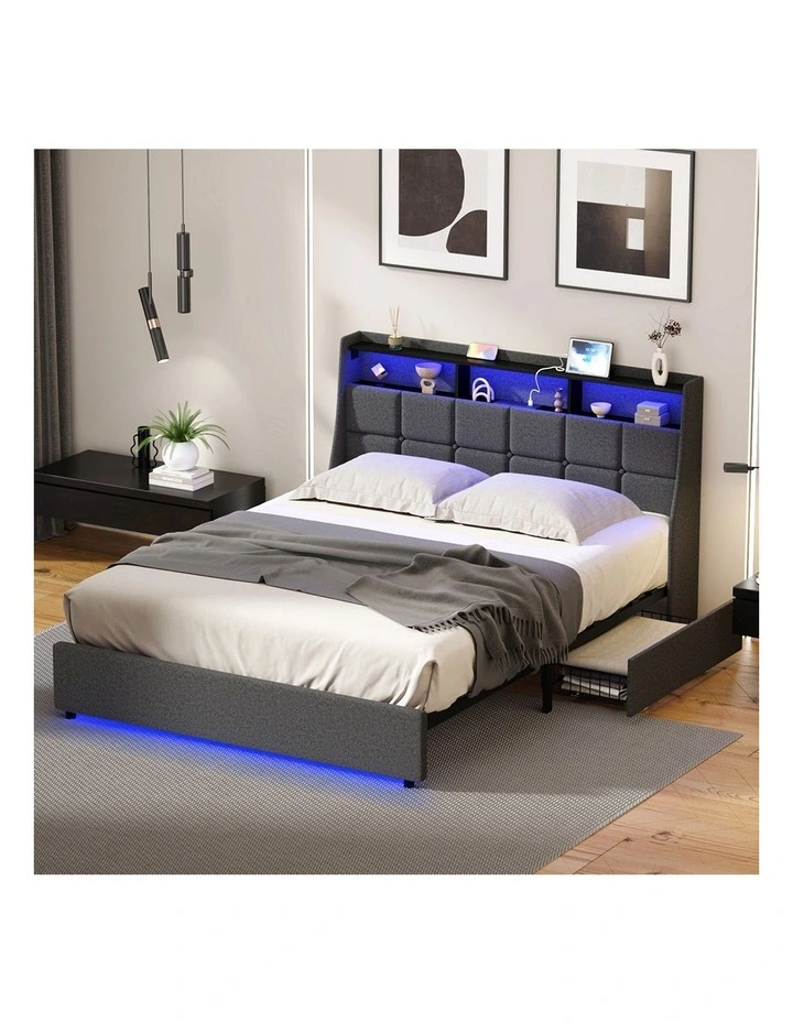 Oikiture Bed Frame Double Size with Storage Drawers & Charging Station LED Light Headboard image 7