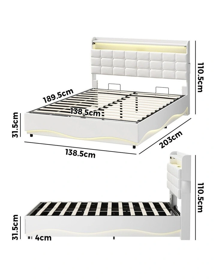 Oikiture Bed Frame Double Size Gas Lift Storage With LED Light USB Charging image 3