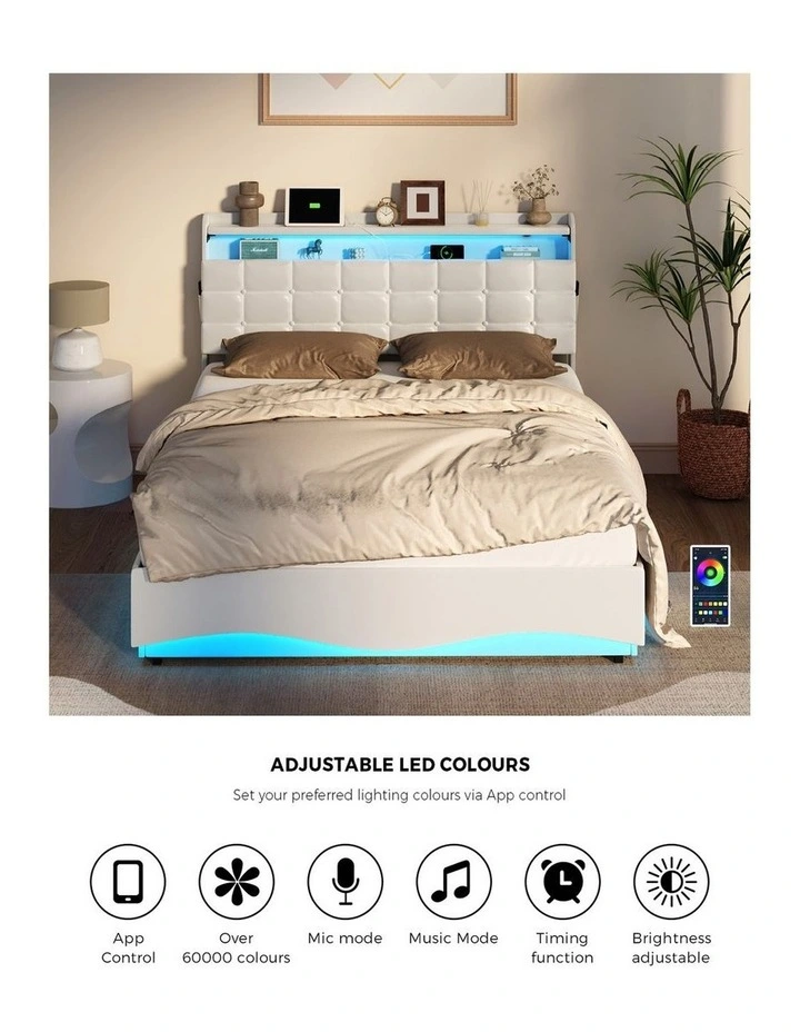 Oikiture Bed Frame Double Size Gas Lift Storage With LED Light USB Charging image 6