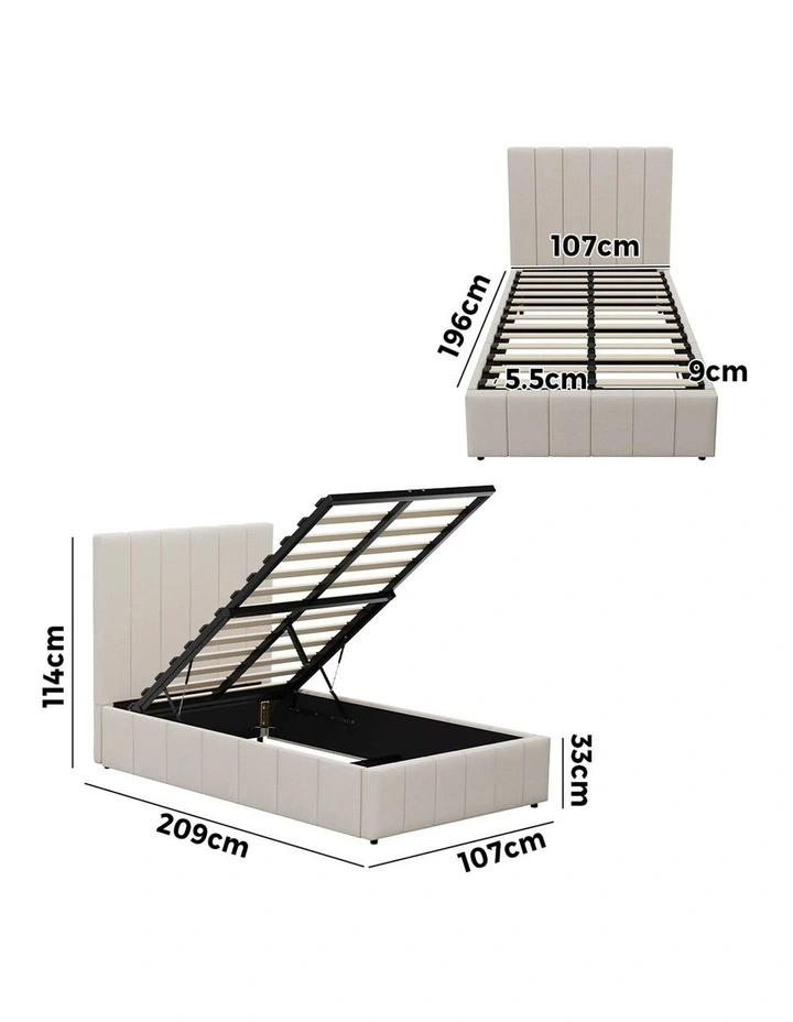 Oikiture Bed Frame Gas Lift Beige Fabric-King Single image 3