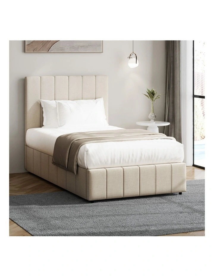 Oikiture Bed Frame Gas Lift Beige Fabric-King Single image 4