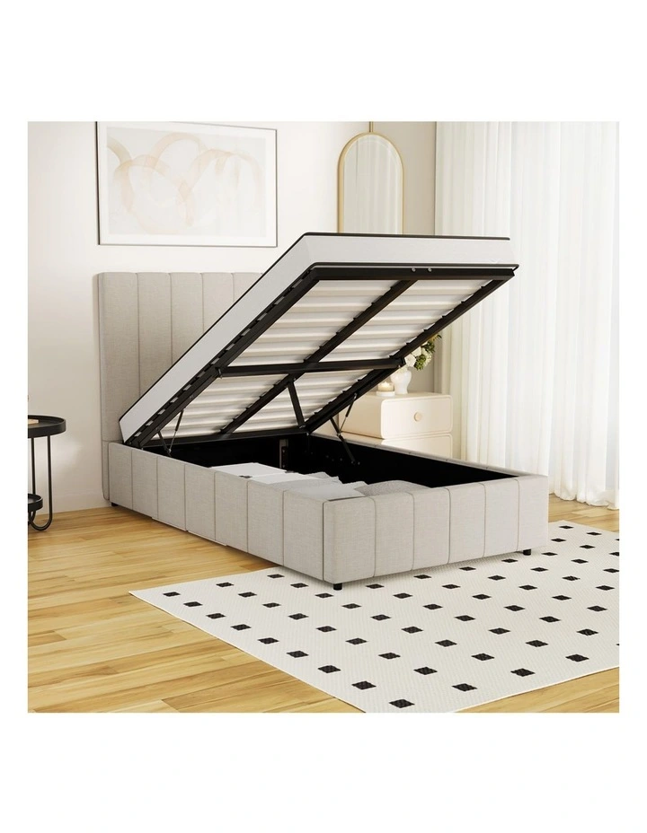 Oikiture Bed Frame Gas Lift Beige Fabric-King Single image 6