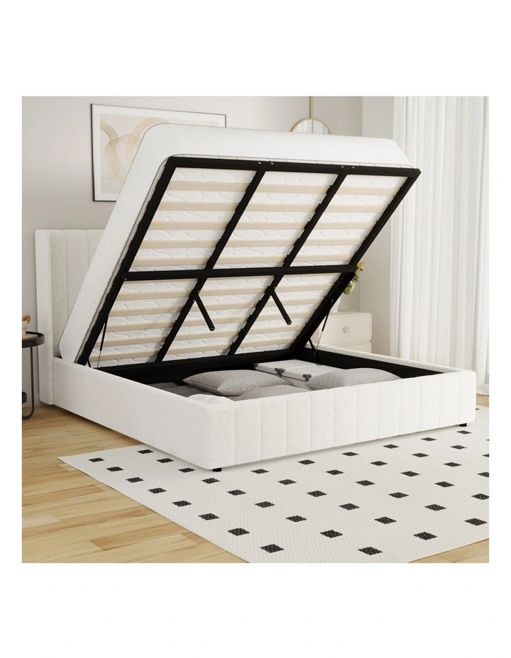 Oikiture Bed Frame Gas Lift Base King Size Boucle Fabric image 5