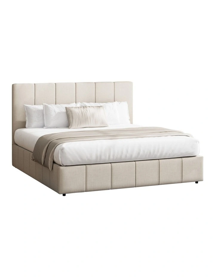 Oikiture Bed Frame Gas Lift Beige Fabric- Queen image 1