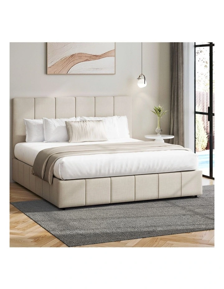 Oikiture Bed Frame Gas Lift Beige Fabric- Queen image 4