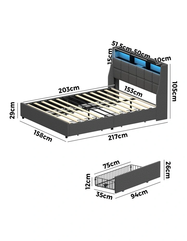 Oikiture Bed Frame Queen Size with Storage Drawers & Charging Station LED Light Headboard image 3