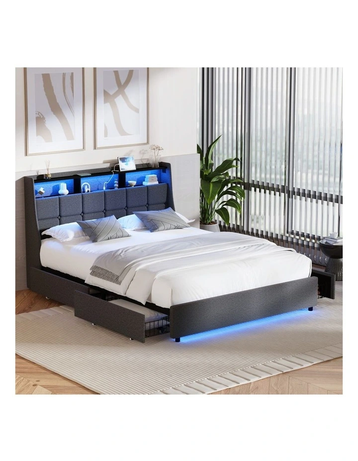 Oikiture Bed Frame Queen Size with Storage Drawers & Charging Station LED Light Headboard image 4