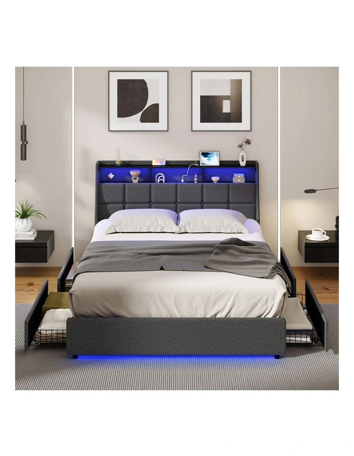 Oikiture Bed Frame Queen Size with Storage Drawers & Charging Station LED Light Headboard image 5