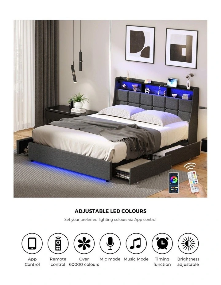 Oikiture Bed Frame Queen Size with Storage Drawers & Charging Station LED Light Headboard image 6