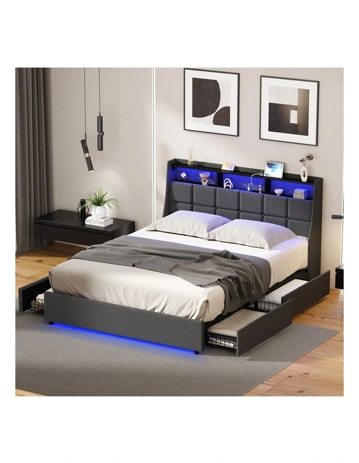 Oikiture Bed Frame Queen Size with Storage Drawers & Charging Station LED Light Headboard image 7