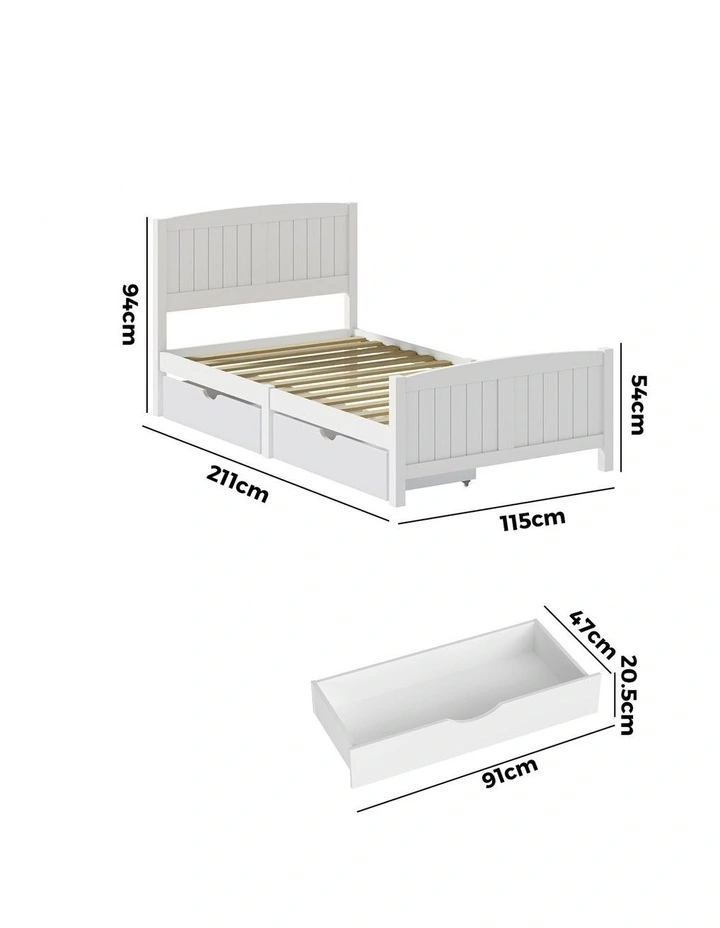 Oikiture Wooden Bed Frame King Single Base with Trundle Storage Drawers White image 3