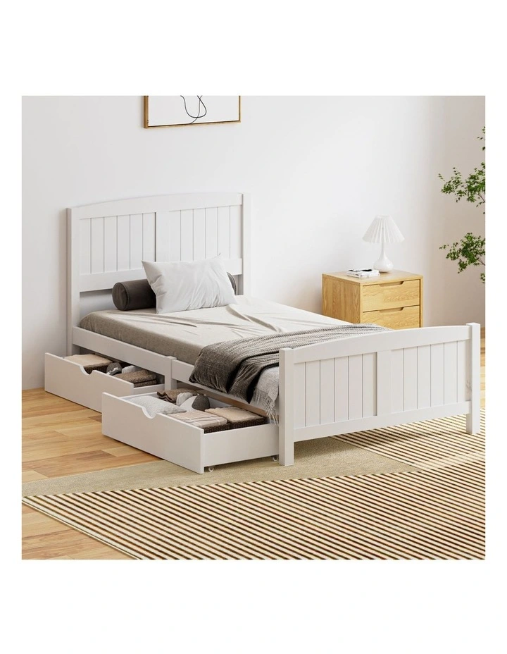 Oikiture Wooden Bed Frame King Single Base with Trundle Storage Drawers White image 4