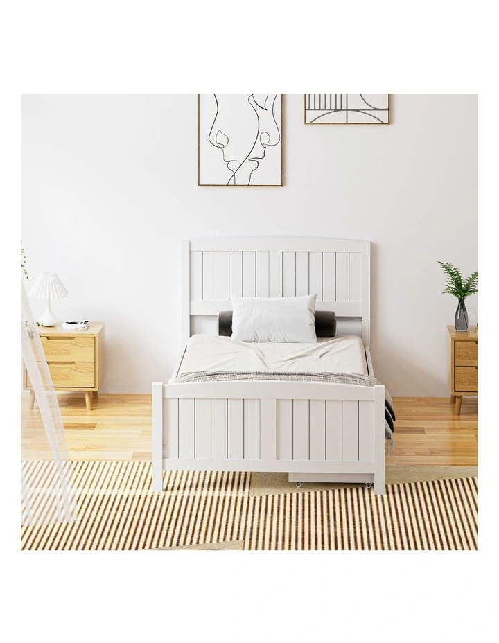 Oikiture Wooden Bed Frame King Single Base with Trundle Storage Drawers White image 5