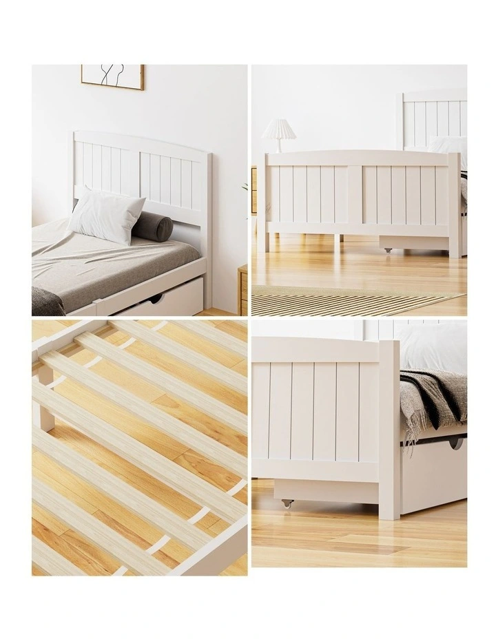 Oikiture Wooden Bed Frame King Single Base with Trundle Storage Drawers White image 7