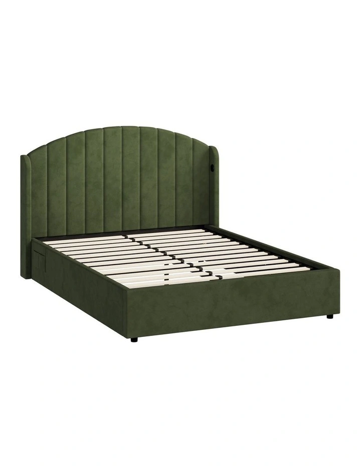 Oikiture Bed Frame Queen Size With Gas Lift Storage Usb Charging Velvet image 1