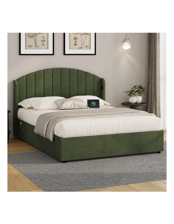 Oikiture Bed Frame Queen Size With Gas Lift Storage Usb Charging Velvet image 4