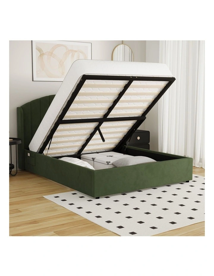 Oikiture Bed Frame Queen Size With Gas Lift Storage Usb Charging Velvet image 5