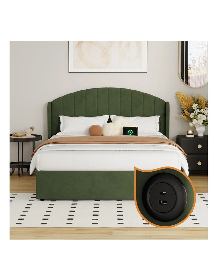 Oikiture Bed Frame Queen Size With Gas Lift Storage Usb Charging Velvet image 6