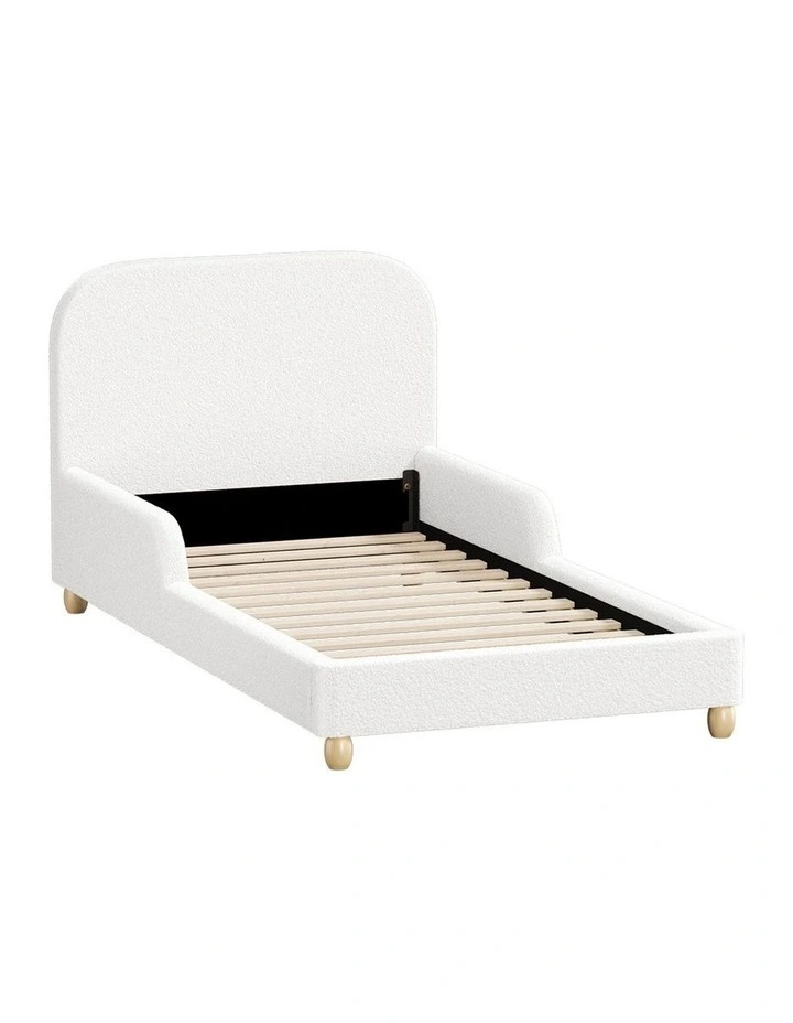 Oikiture Kids Bed Frame Single Side Guard Rails Boucle White image 1