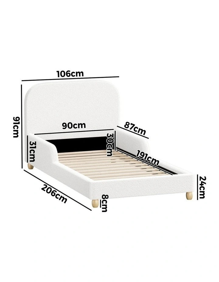 Oikiture Kids Bed Frame Single Side Guard Rails Boucle White image 3