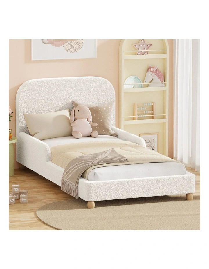 Oikiture Kids Bed Frame Single Side Guard Rails Boucle White image 4