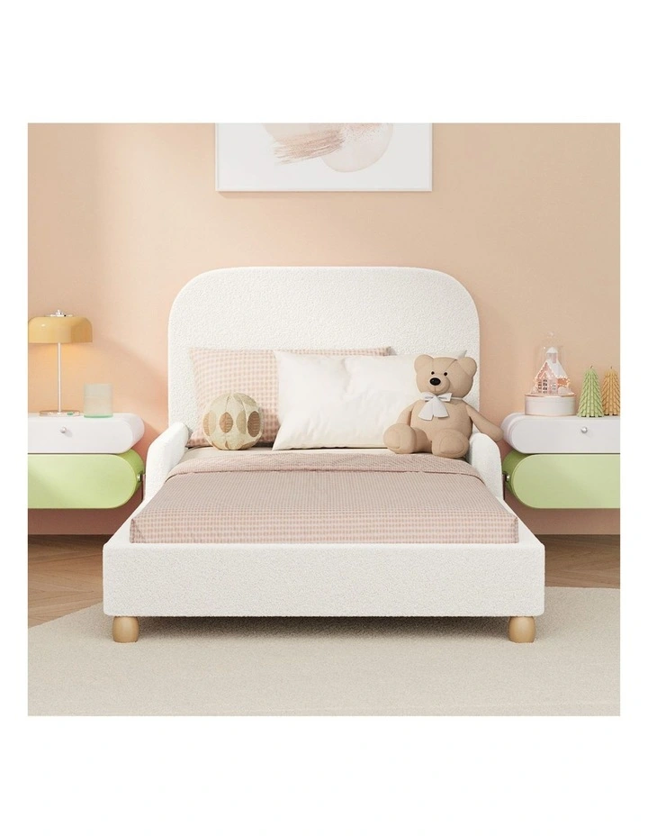 Oikiture Kids Bed Frame Single Side Guard Rails Boucle White image 5