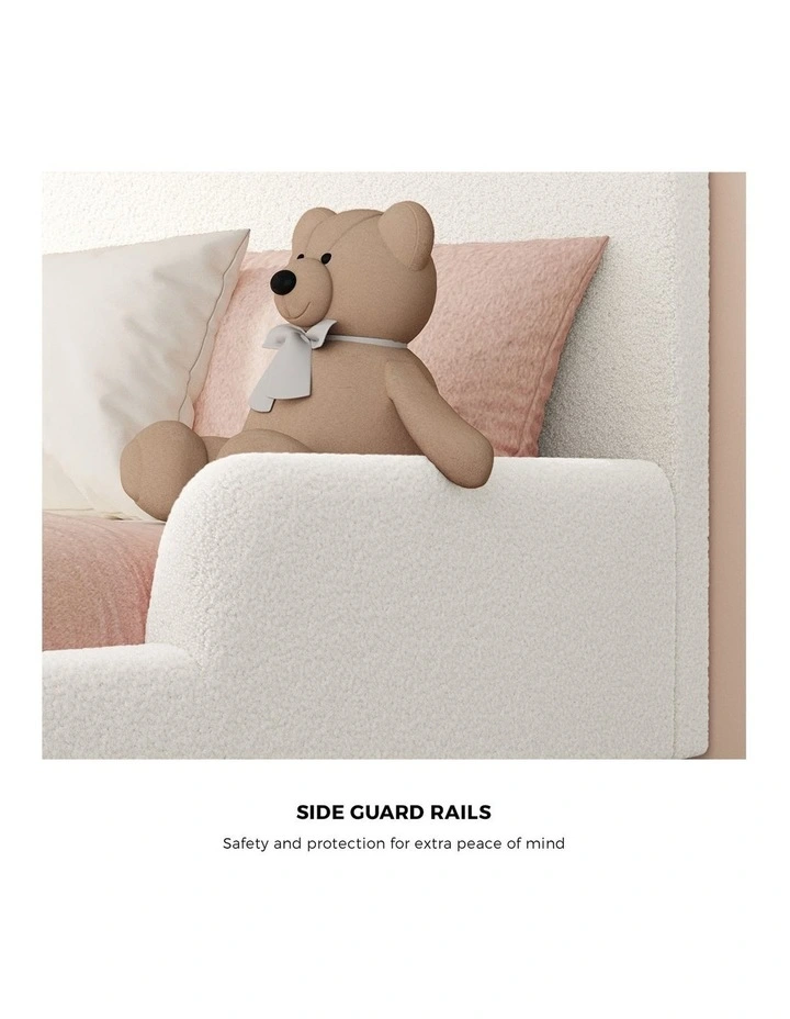 Oikiture Kids Bed Frame Single Side Guard Rails Boucle White image 6