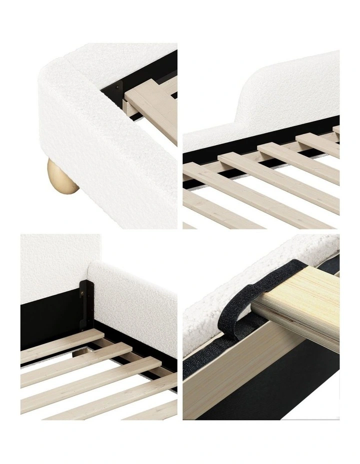Oikiture Kids Bed Frame Single Side Guard Rails Boucle White image 7