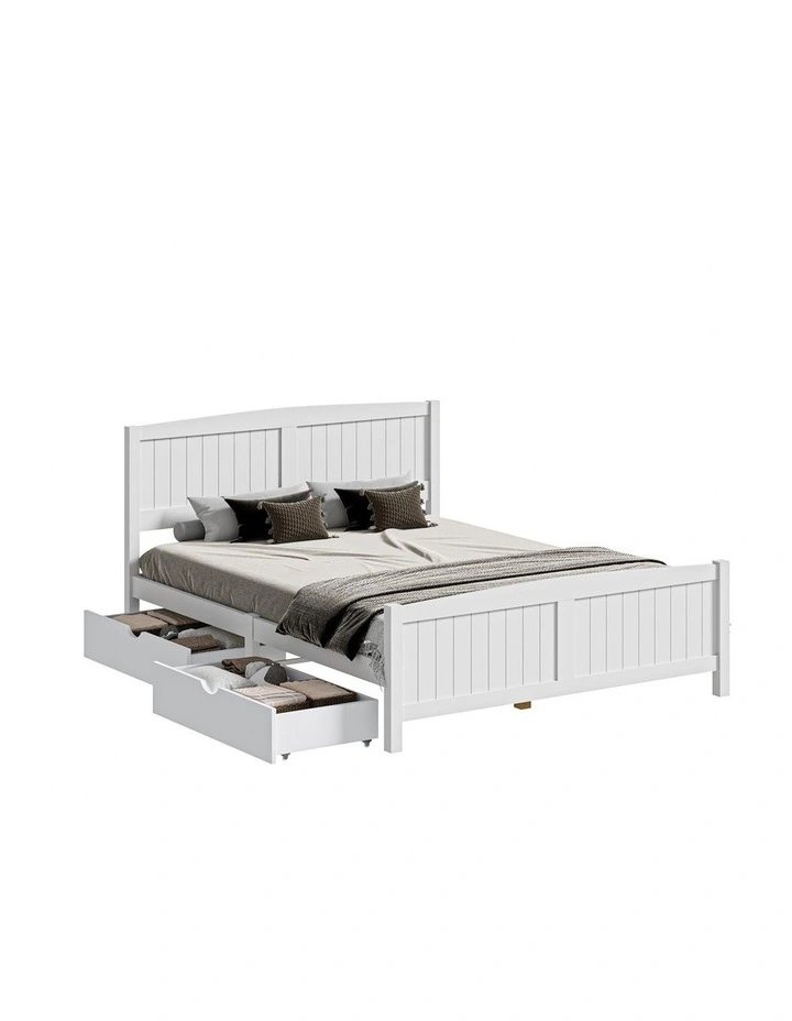 Oikiture Wooden Bed Frame Queen Size Base with Trundle Storage Drawers White image 1