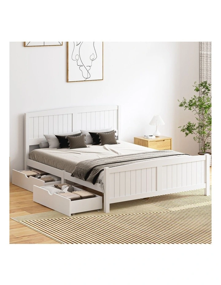 Oikiture Wooden Bed Frame Queen Size Base with Trundle Storage Drawers White image 4