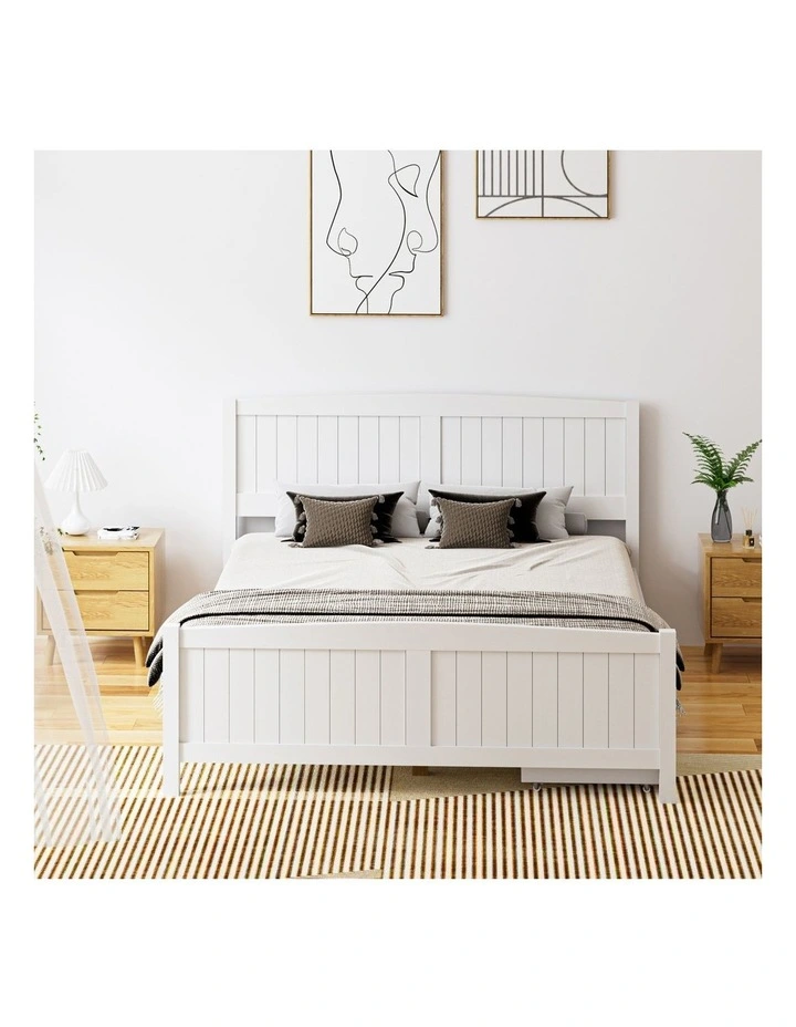 Oikiture Wooden Bed Frame Queen Size Base with Trundle Storage Drawers White image 5