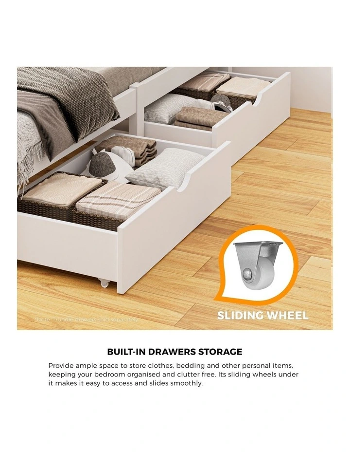 Oikiture Wooden Bed Frame Queen Size Base with Trundle Storage Drawers White image 6
