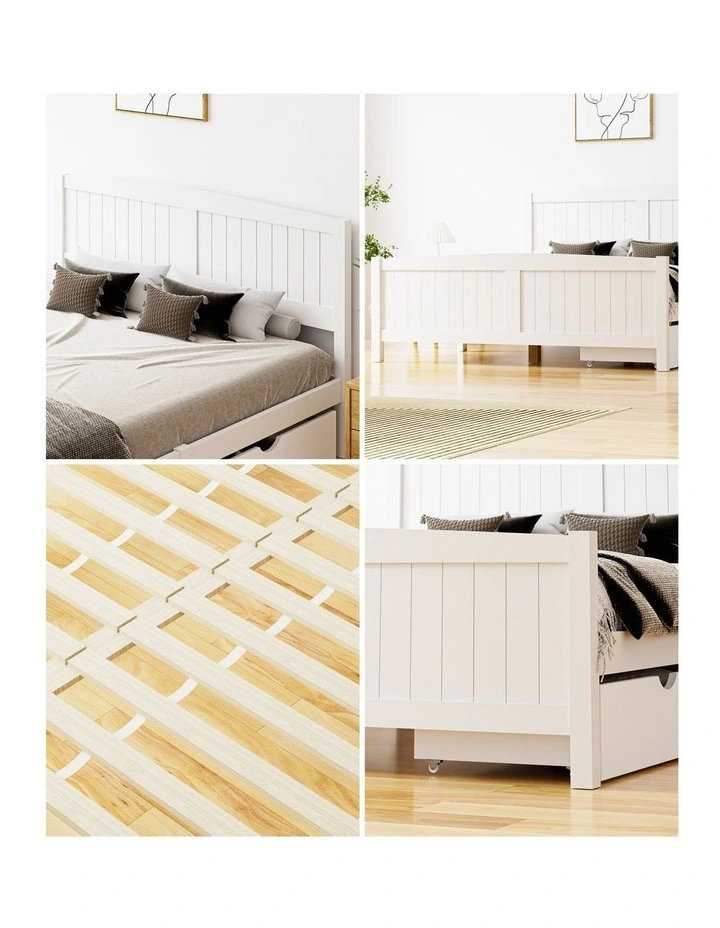 Oikiture Wooden Bed Frame Queen Size Base with Trundle Storage Drawers White image 7