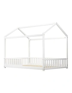 Oikiture Kids Wooden Bed Frame House Beds Platform Double White Timber Pine