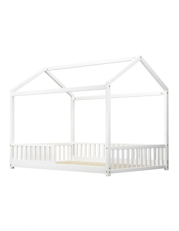 Oikiture Kids Wooden Bed Frame House Beds Platform Double White Timber Pine image 1