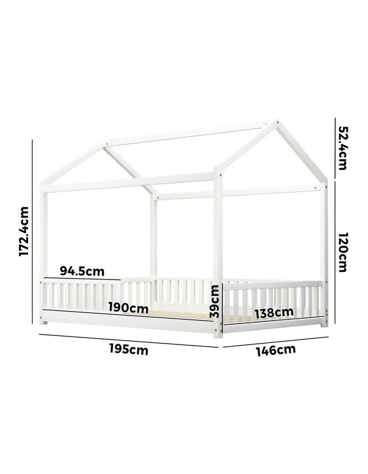 Oikiture Kids Wooden Bed Frame House Beds Platform Double White Timber Pine image 3