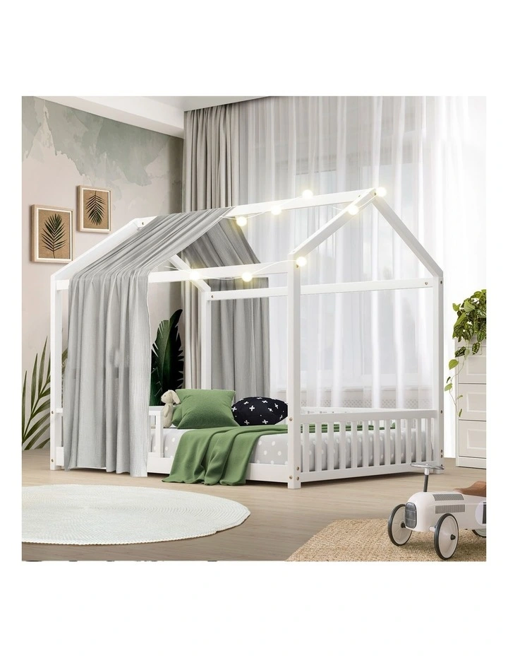 Oikiture Kids Wooden Bed Frame House Beds Platform Double White Timber Pine image 4