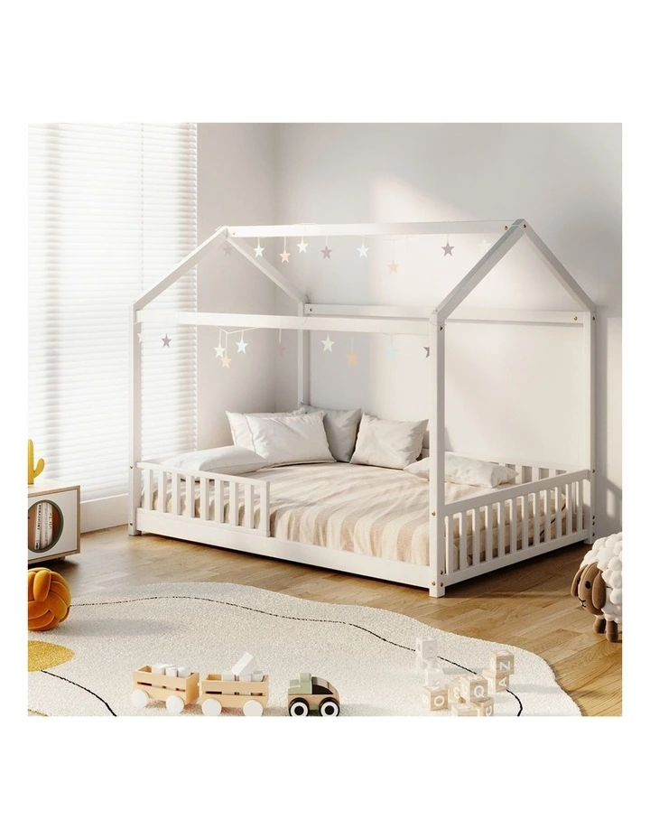 Oikiture Kids Wooden Bed Frame House Beds Platform Double White Timber Pine image 5