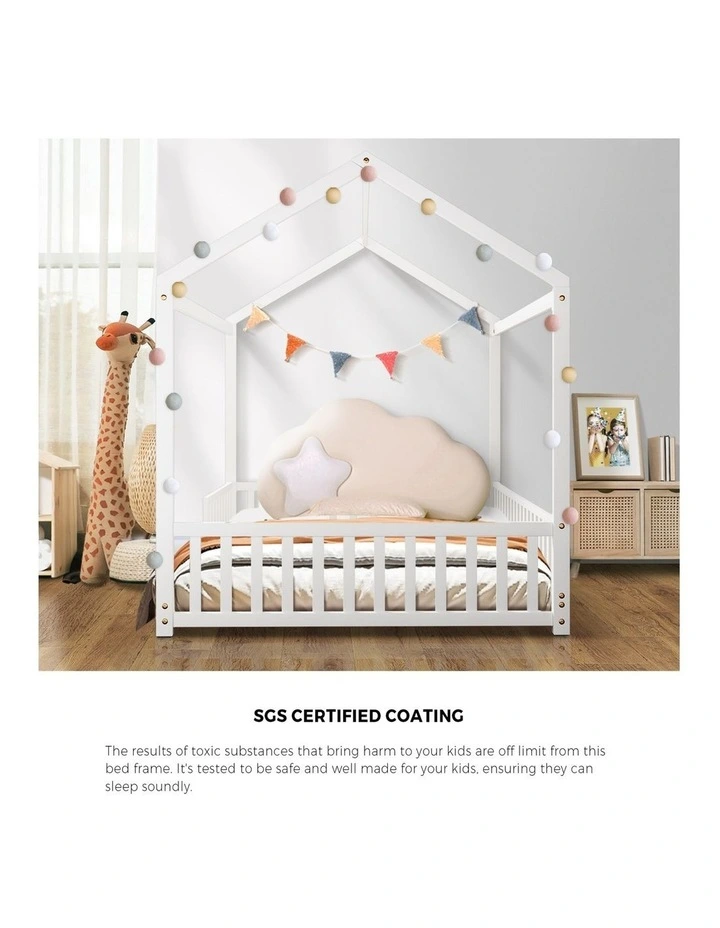 Oikiture Kids Wooden Bed Frame House Beds Platform Double White Timber Pine image 6