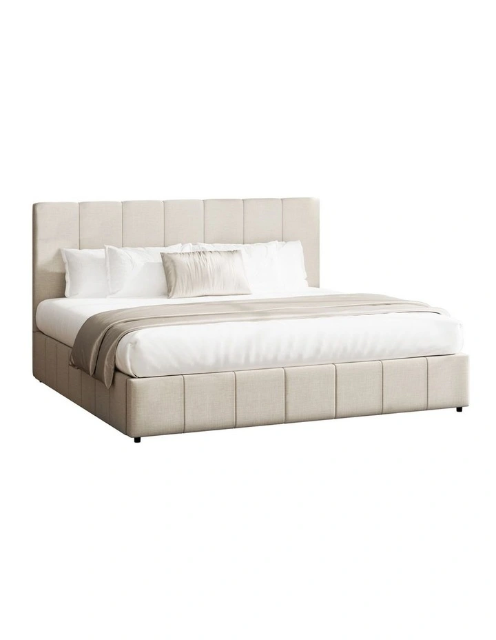 Oikiture Bed Frame Gas Lift Beige Fabric- King image 1