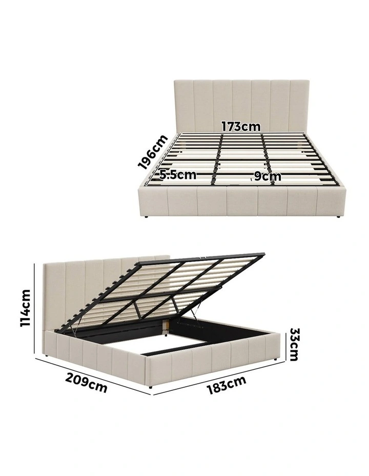 Oikiture Bed Frame Gas Lift Beige Fabric- King image 3