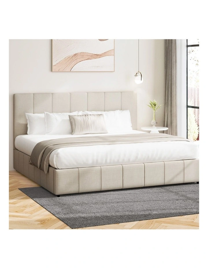 Oikiture Bed Frame Gas Lift Beige Fabric- King image 4