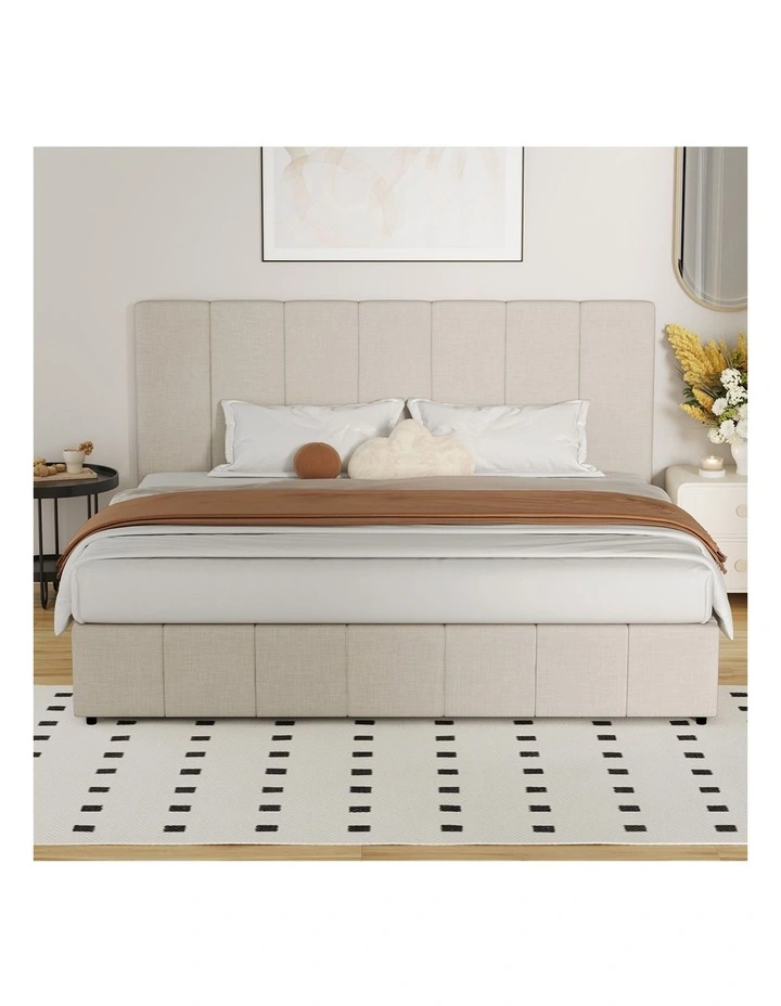 Oikiture Bed Frame Gas Lift Beige Fabric- King image 5