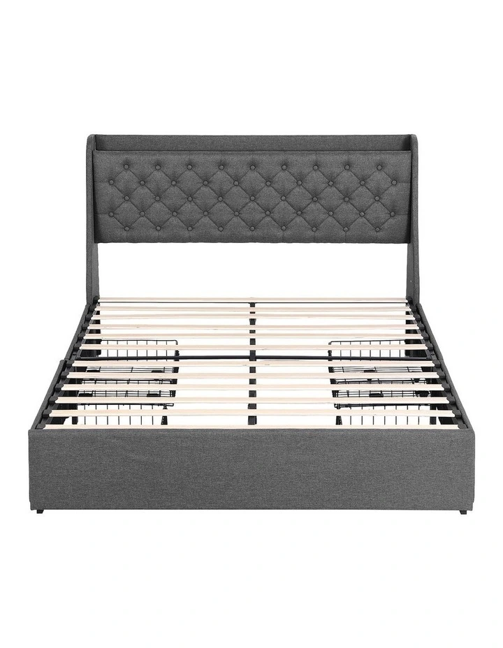 Artiss Queen Bed Frame with Storage Drawers Charging Station Tufted Wingback Charcoal Grey image 2
