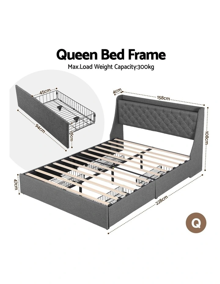 Artiss Queen Bed Frame with Storage Drawers Charging Station Tufted Wingback Charcoal Grey image 3